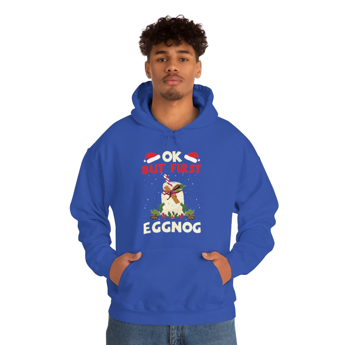 Merry Christmas Hoodie Unisex Custom Hoodie , Hooded Sweatshirt , OK BUT FIRST EGGNOG Printify