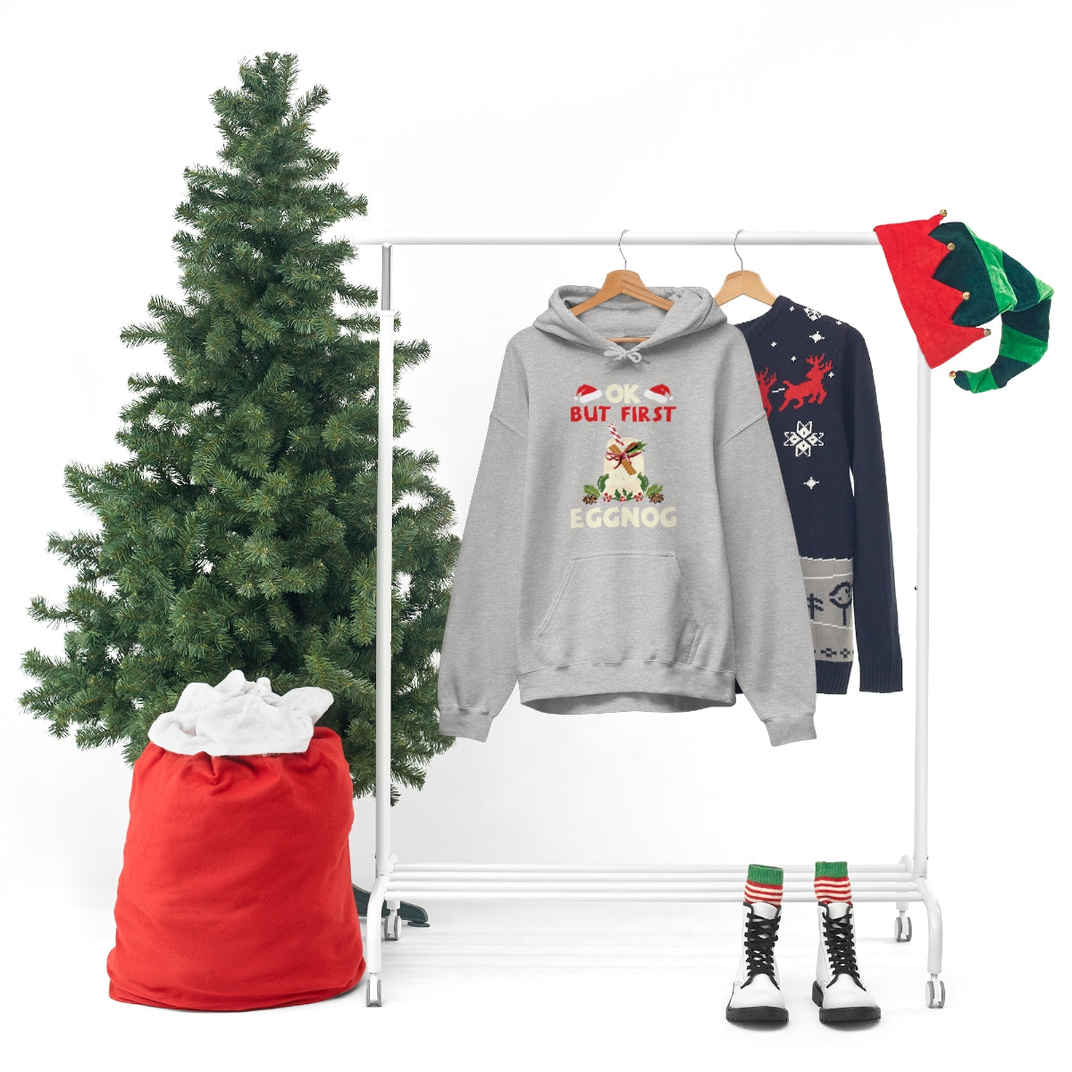 Merry Christmas Hoodie Unisex Custom Hoodie , Hooded Sweatshirt , OK BUT FIRST EGGNOG Printify