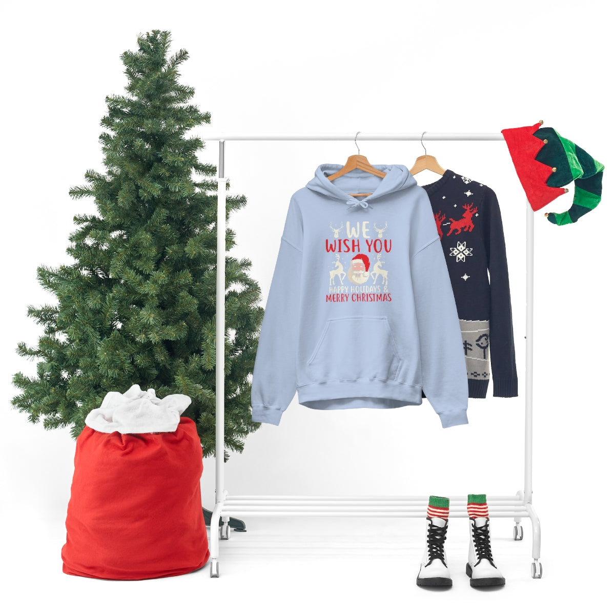 Merry Christmas Hoodie Unisex Custom Hoodie , Hooded Sweatshirt , WE WISH YOU HAPPY HOLIDAYS & MERRY CHRISTMAS Printify