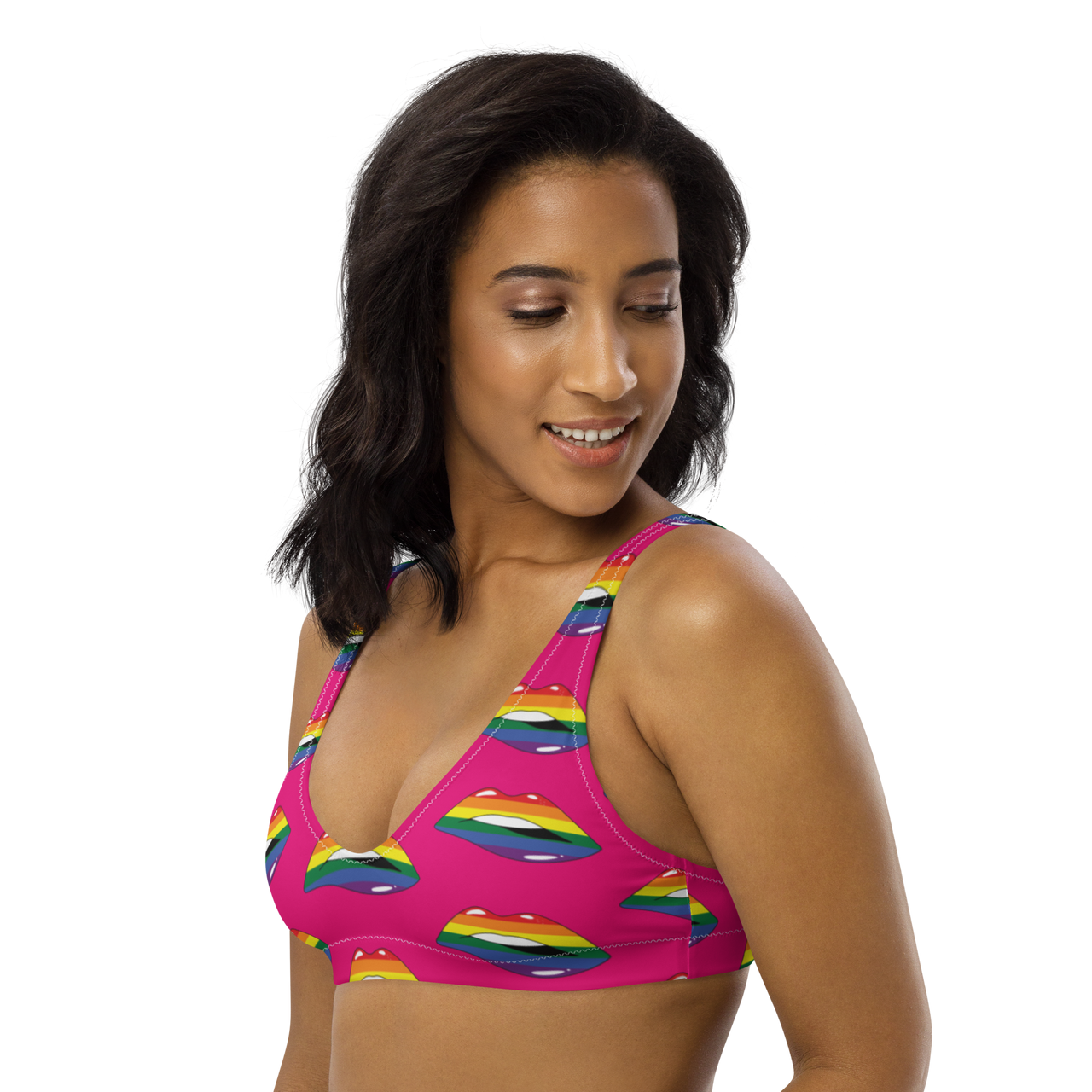 LGBT Flag Kisses Padded Bikini Top for They/Them Him/Her - Pink SHAVA