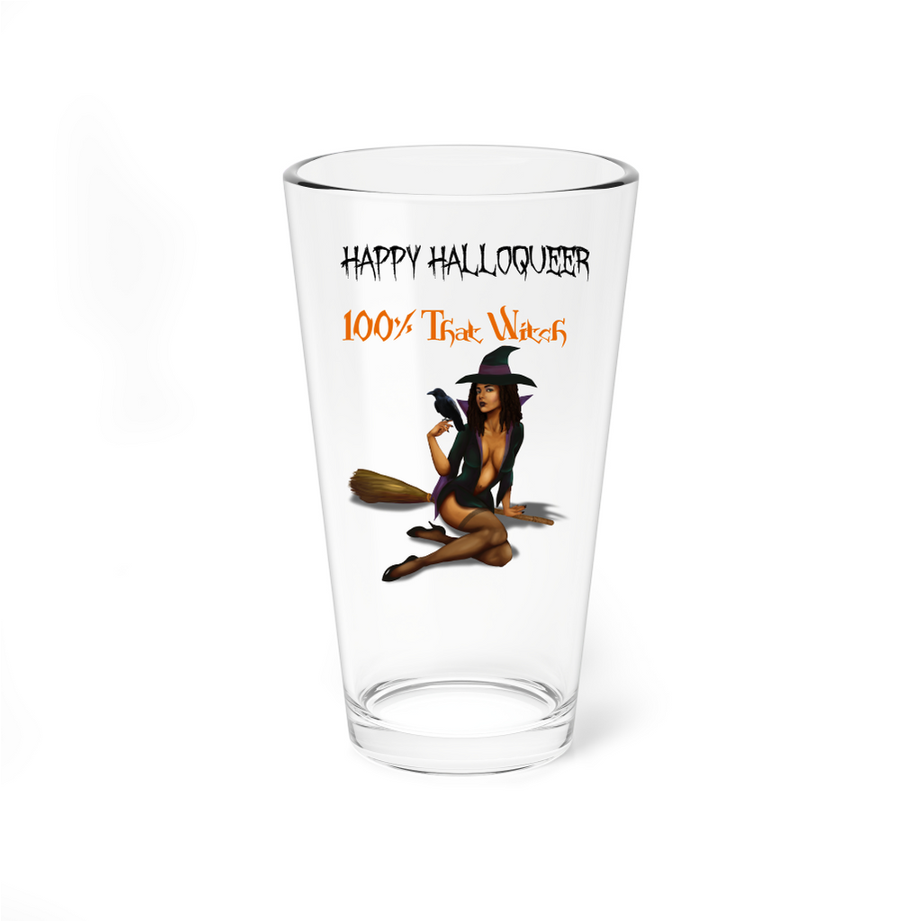 Halloween Drinking Water Pint Glass, Happy Halloqueer ,16oz ,100_ That Witch Printify