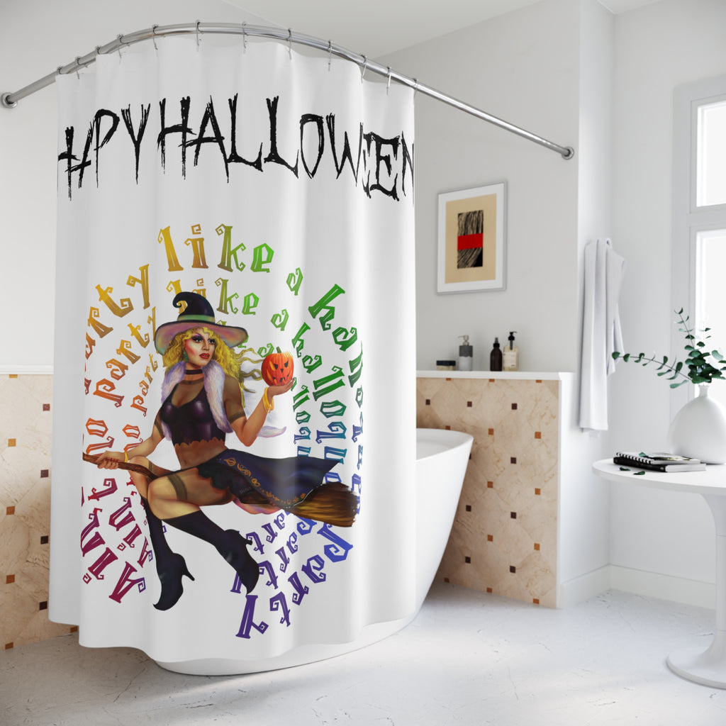 Halloween Polyester Shower Curtain - Happy Halloween - No Party (White Bitch) Printify