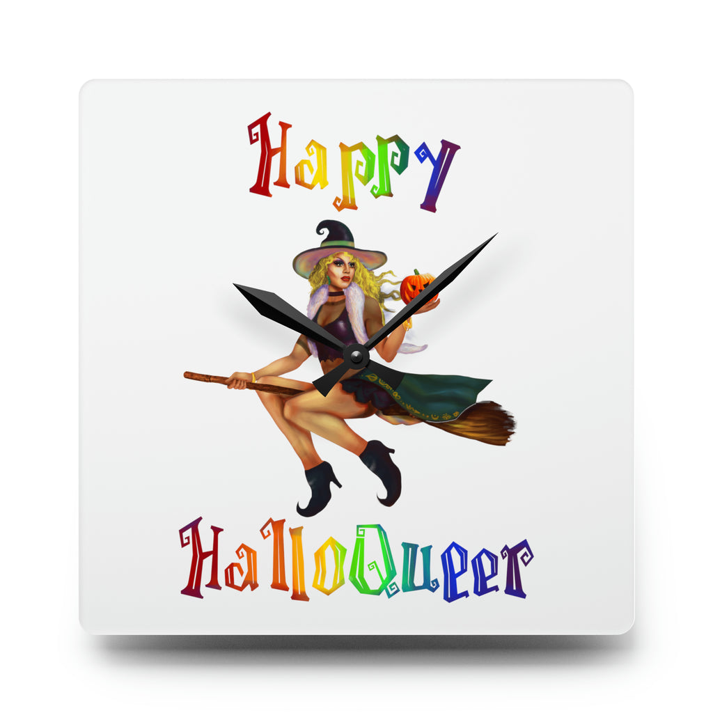 Halloween Acrylic Wall Clock - Happy HallowQueer(White) Printify