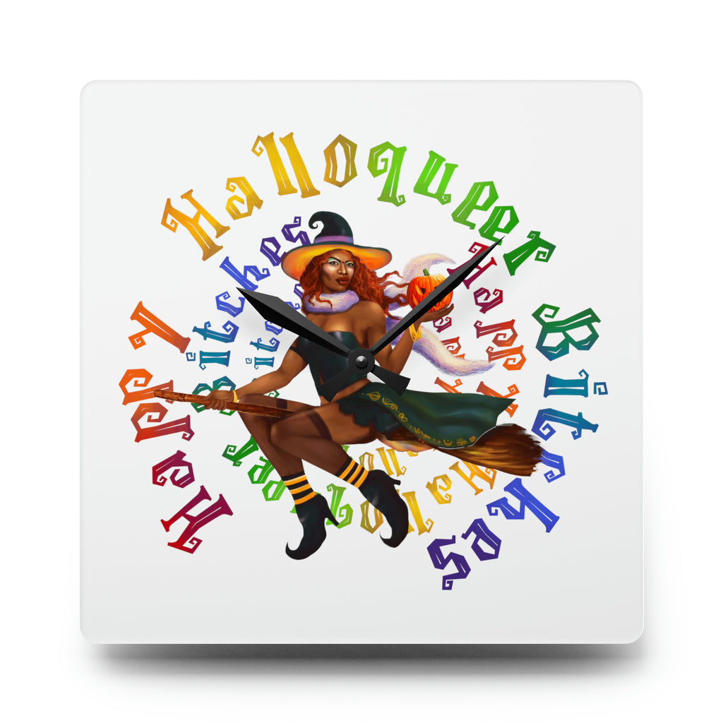 Halloween Acrylic Wall Clock - Happy HallowQueer Bitches(Black) Printify