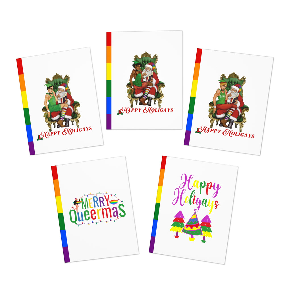 Queermas LGBTQ+IA Multi-Design Greeting Cards (5-Pack),Happy Holigays ,Happy Queermas Printify