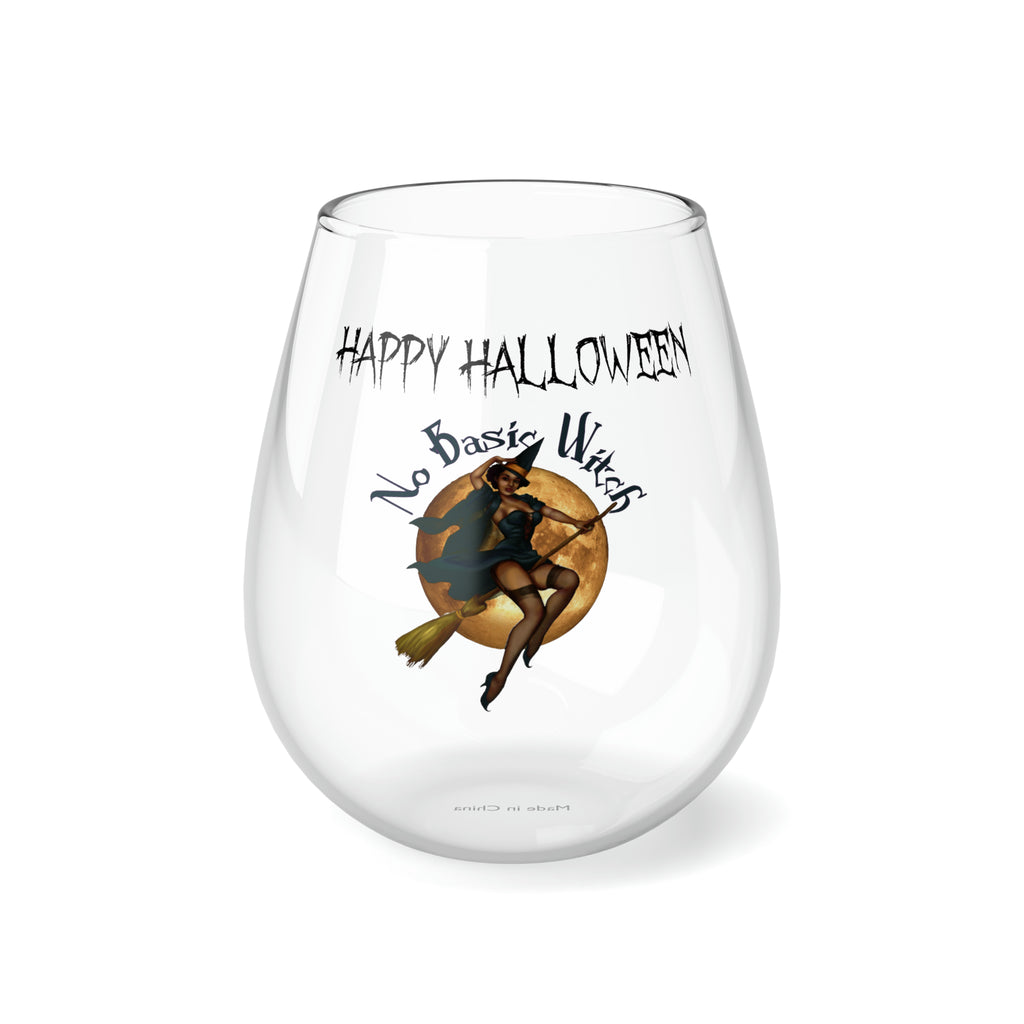 Halloween Stemless Wine Glass, Happy Halloween , No Basic Witches Printify