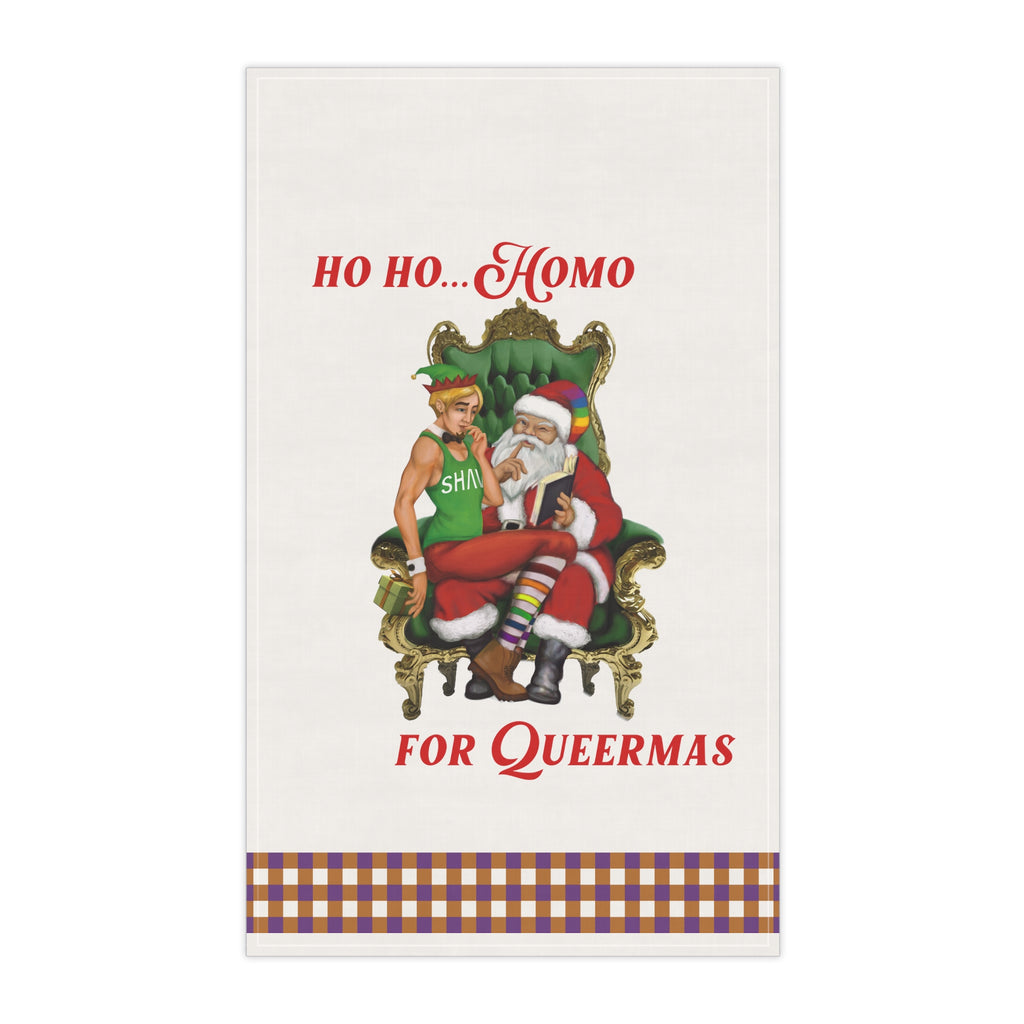 Christmas LGBTQ  Kitchen Towel -  Ho Ho Ho , Homo For Queermas (White SHAVA) Printify