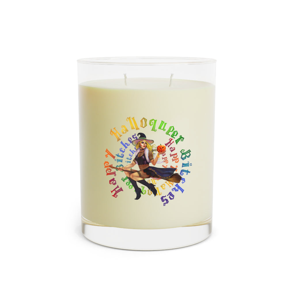 Halloween Scented Candle Full Glass, 11oz - Happy HallowQueer Witches (White) Printify