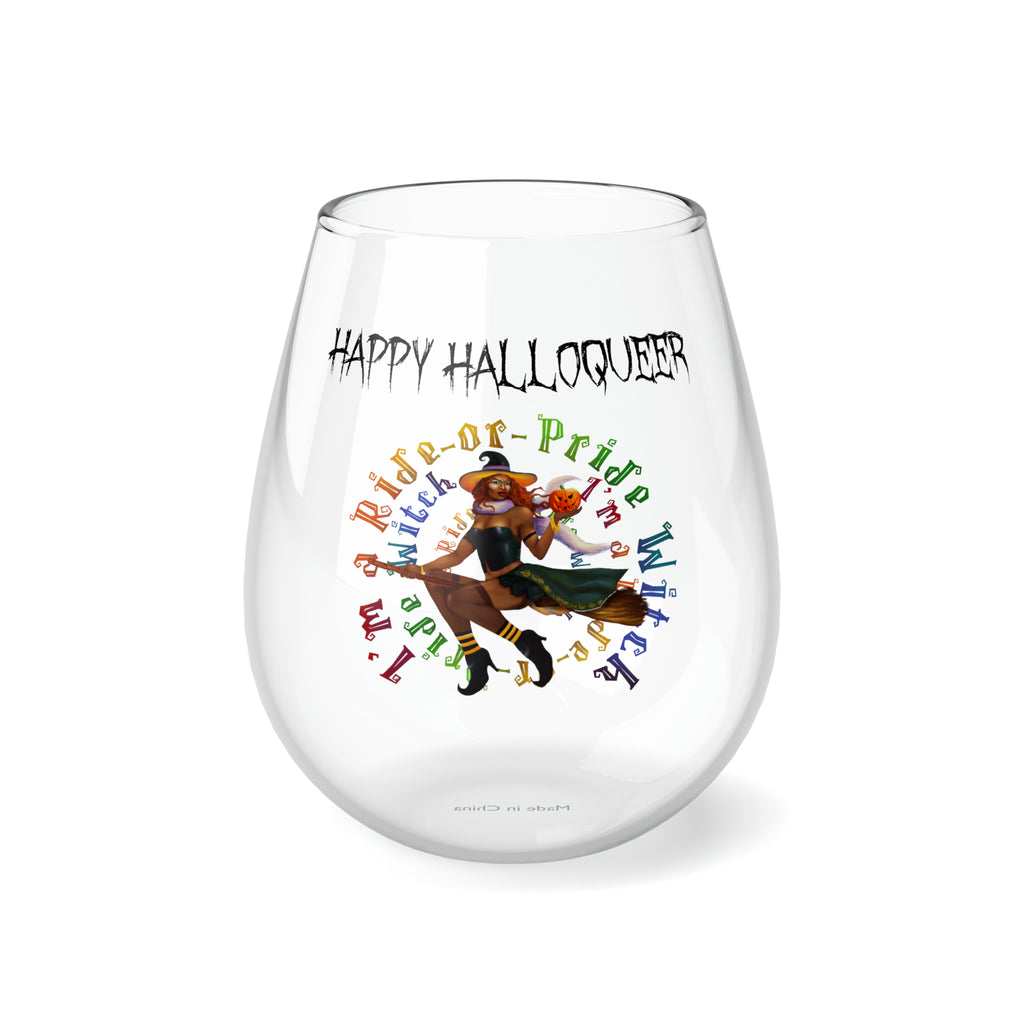 Halloween Stemless Wine Glass, Happy Halloqueer , I m a ride or pride Black Witch Printify