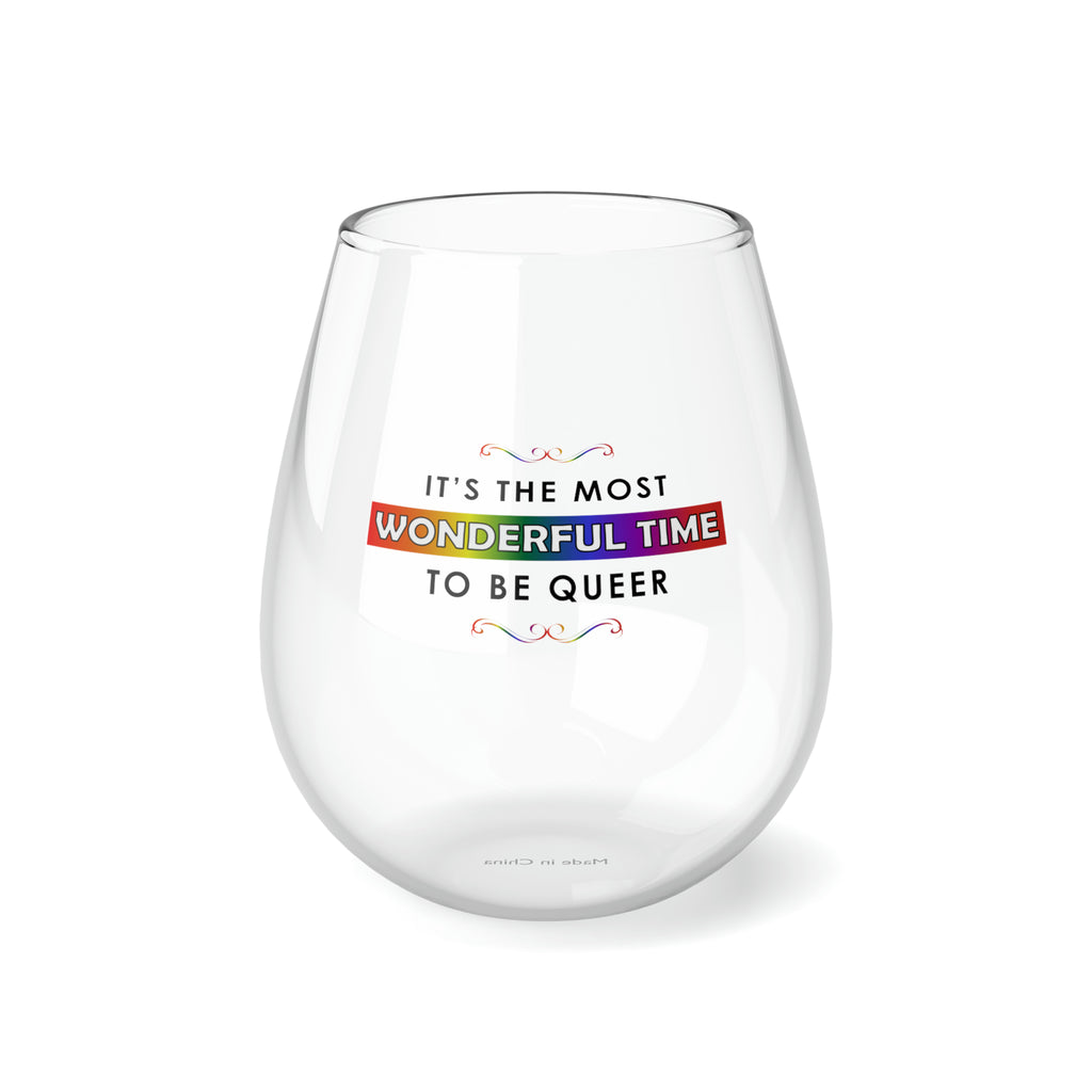 Christmas LGBTQ Stemless Wine Glass, Wonderful Time To Be Queer Printify