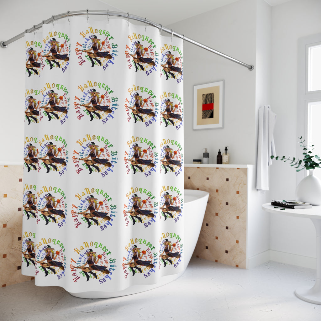 Halloween Polyester Shower Curtain - Happy HallowQueer Bitches (White) Printify