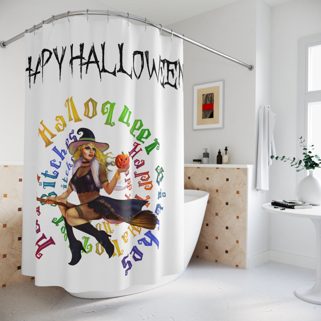 Halloween Polyester Shower Curtain - Happy Halloween  Bitches  (White Bitch) Printify