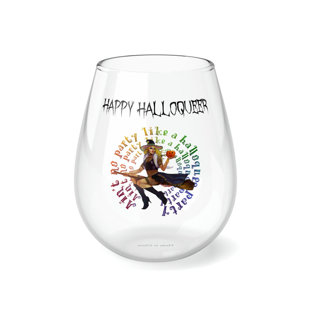 Halloween Stemless Wine Glass, Happy Halloqueer , No Party White Witch Printify