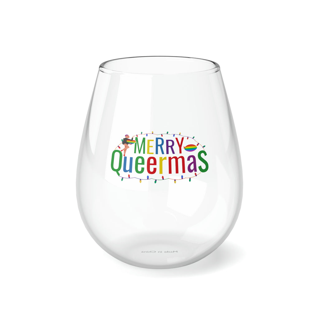 Christmas LGBTQ Stemless Wine Glass, Merry Queermas Printify