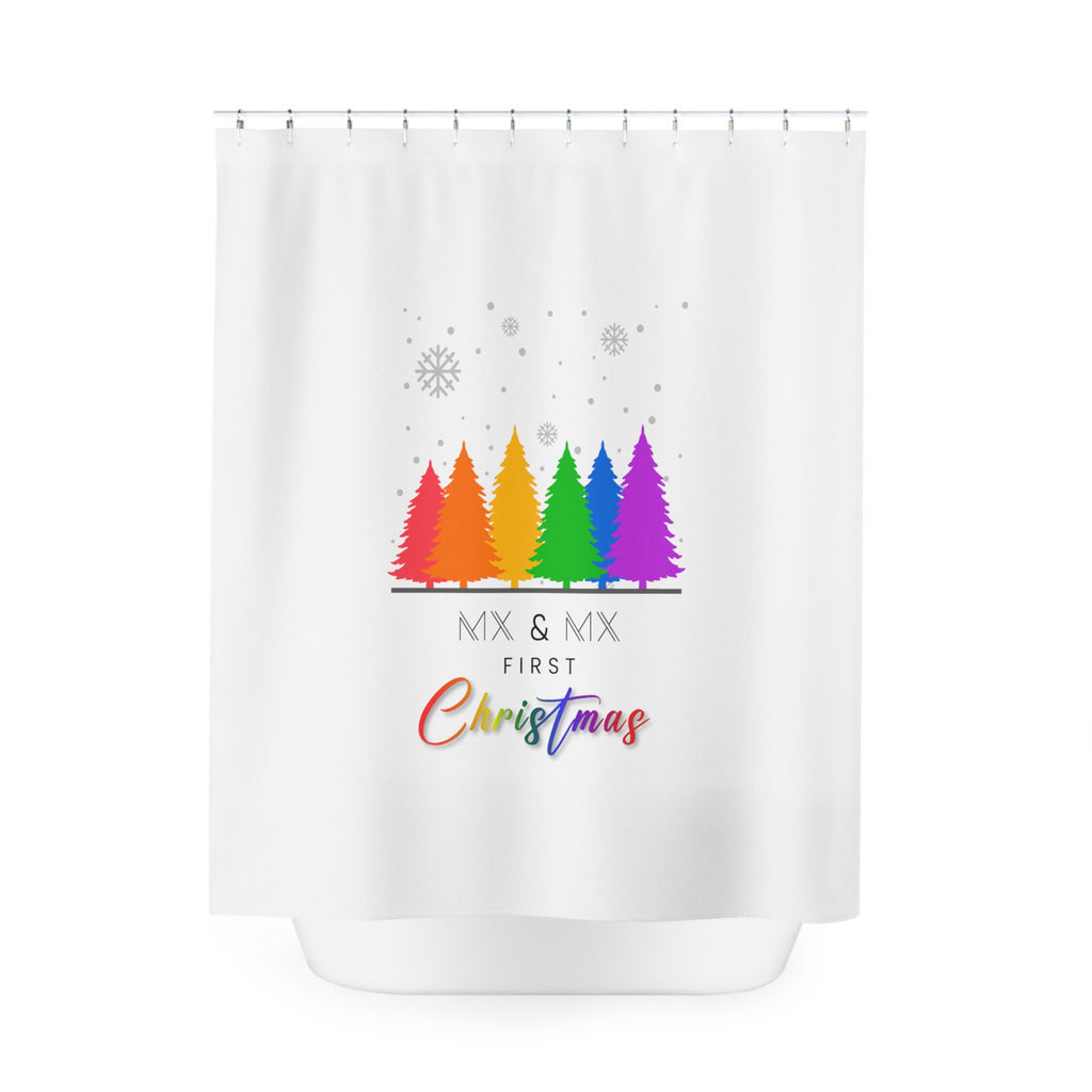 Christmas LGBTQ Shower - Curtains - MX & MX First Christmas (Non Binary Colors) Printify