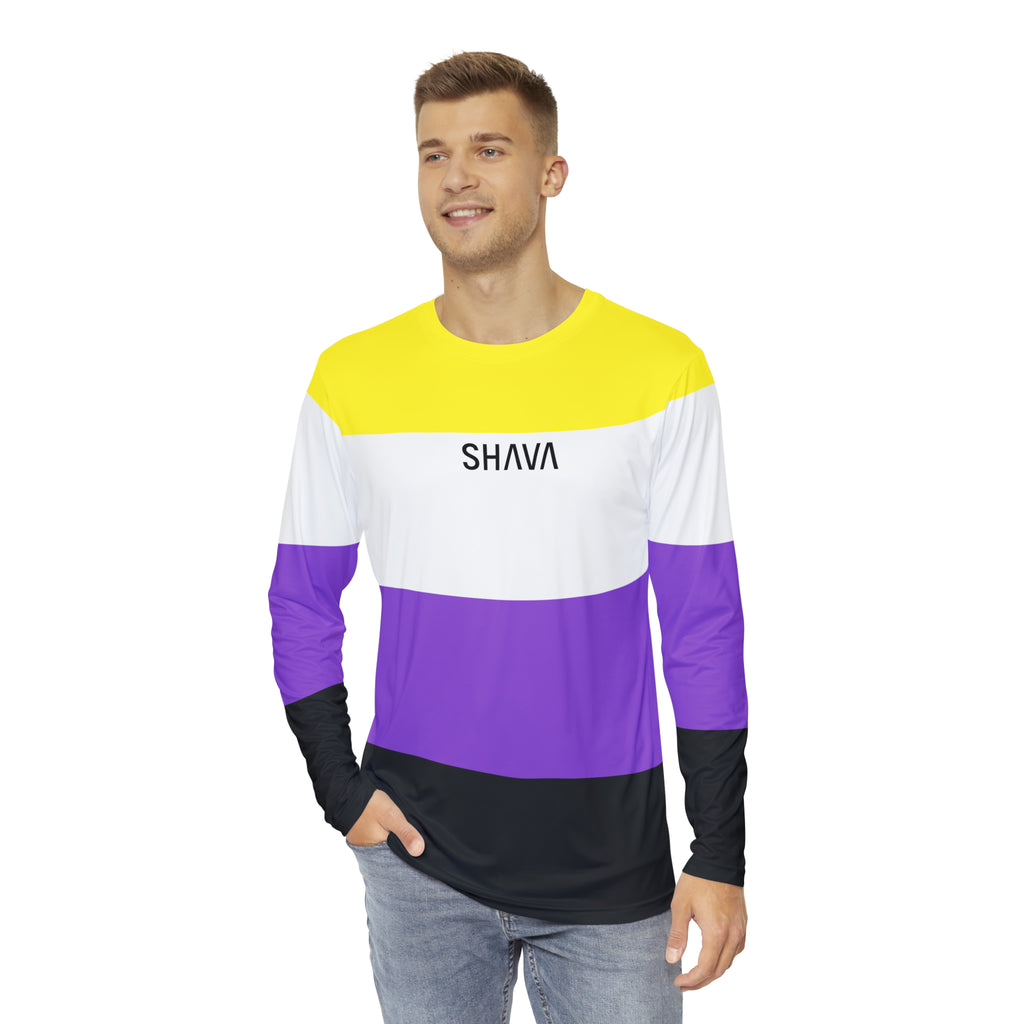 SHAVA CO Non Binary Flag Long Sleeve Shirt Unisex Size Printify