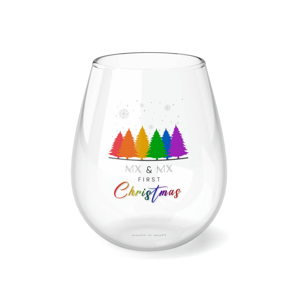 Christmas LGBTQ Stemless Wine Glass, Mx & Mx First Christmas Printify