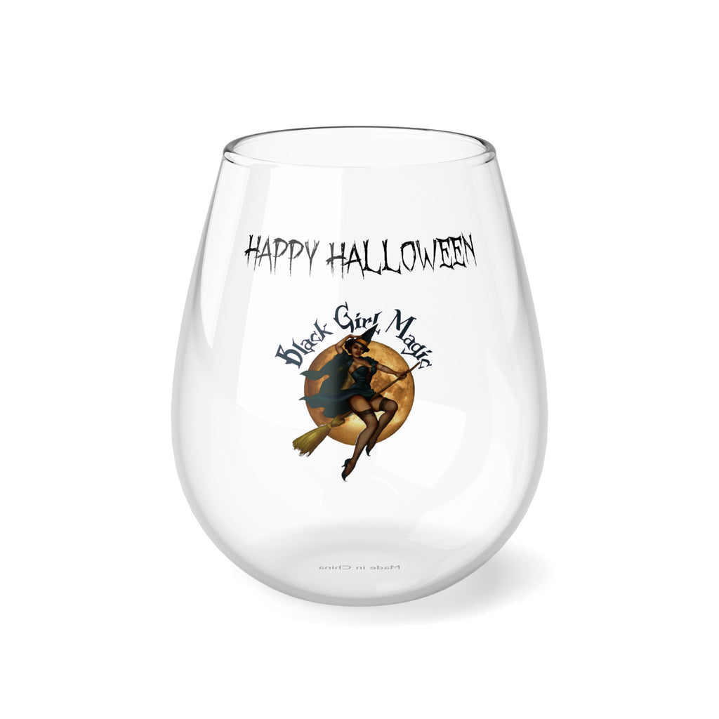 Halloween Stemless Wine Glass, Happy Halloween , Black Girl Magic Printify