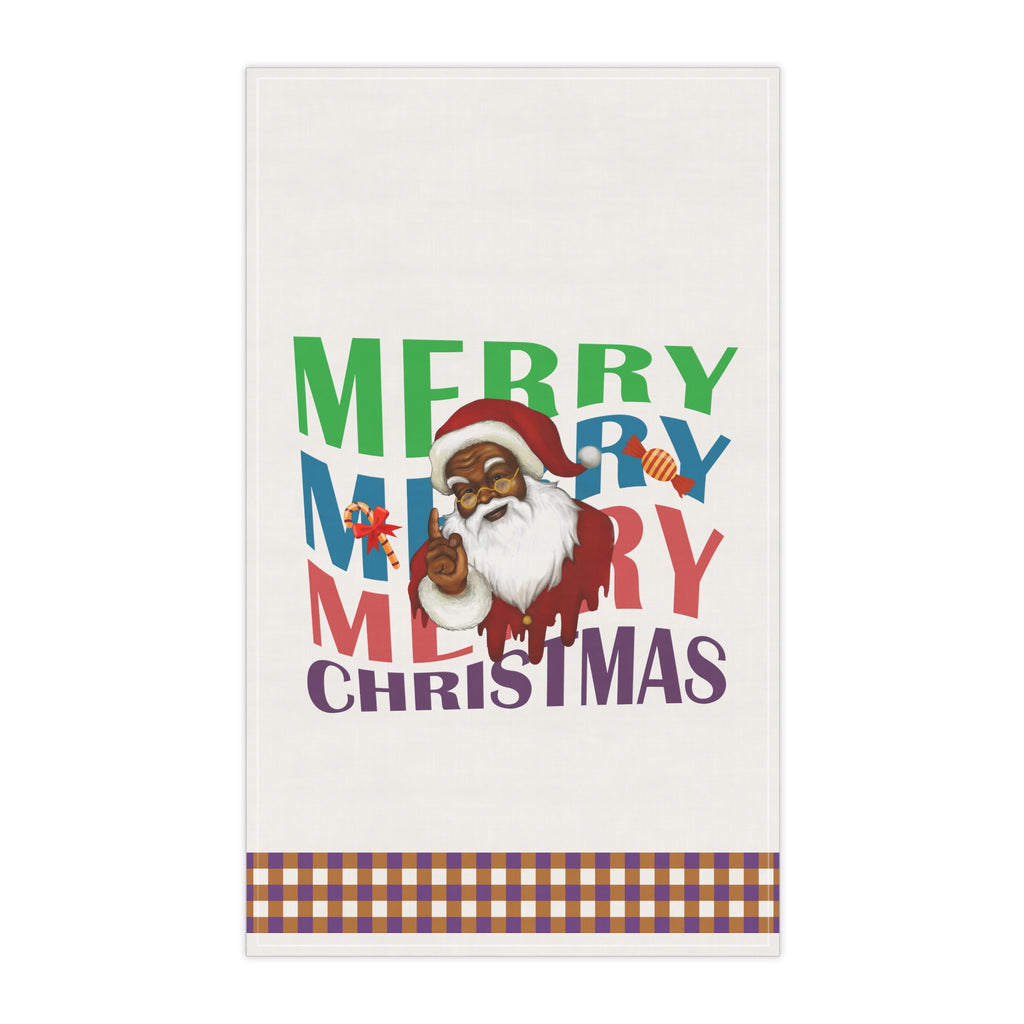 Christmas Kitchen Towel - Santa Shirt Merry Merry Merry Christmas Printify