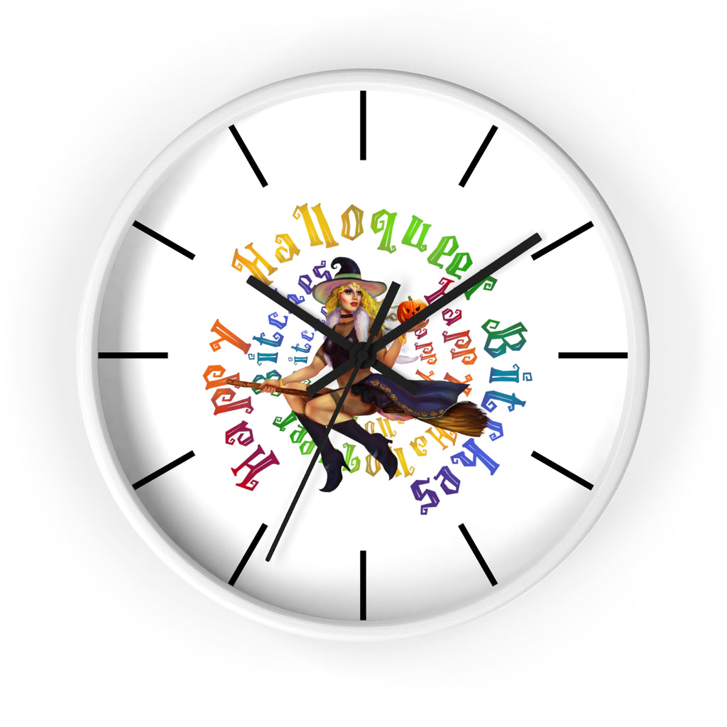 Halloween Wall Clock - Happy HallowQueer Bitches White Printify