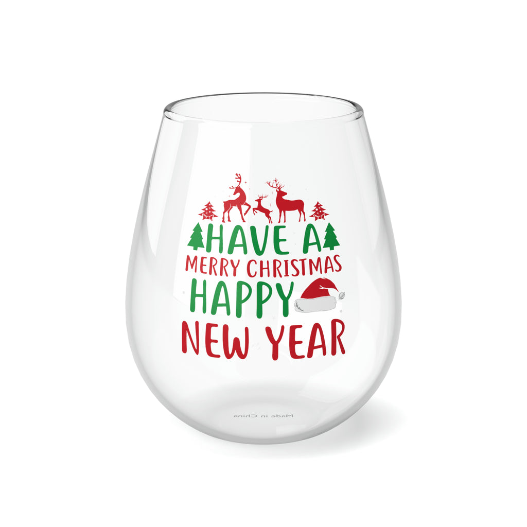 Christmas Stemless Wine Glass, HAVE A MERRY CHRISTMAS HAPPY NEW YEAR Printify