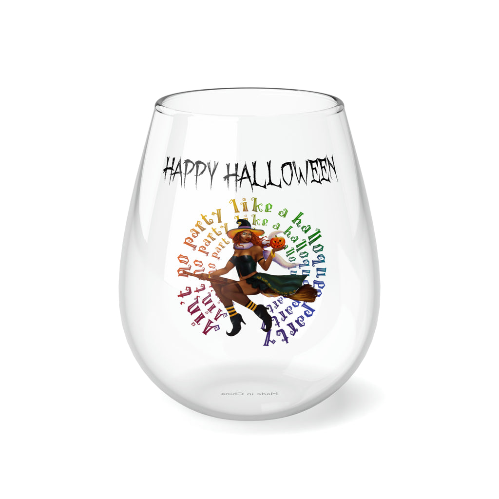 Halloween Stemless Wine Glass, Happy Halloween, No Party Black Witch Printify