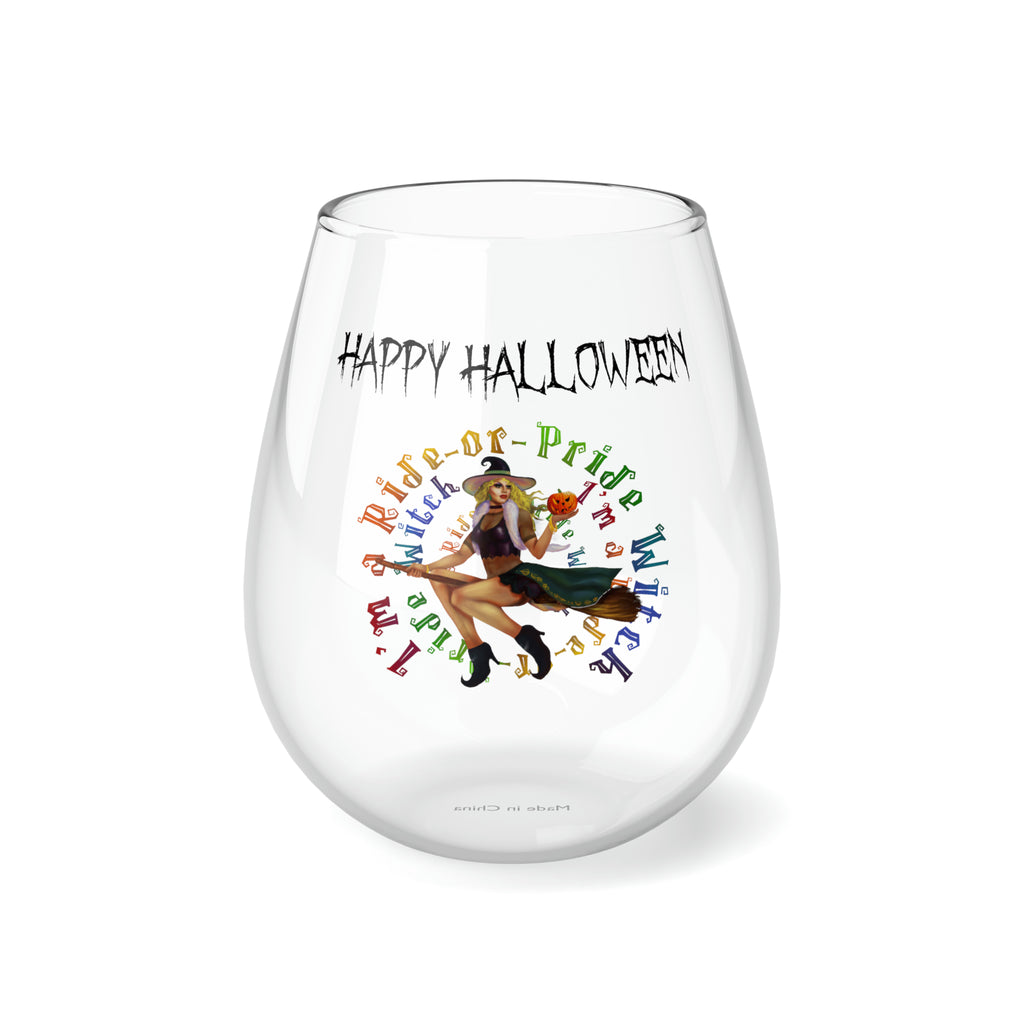 Halloween Stemless Wine Glass, Happy Halloween , I m a ride or pride White Witch Printify