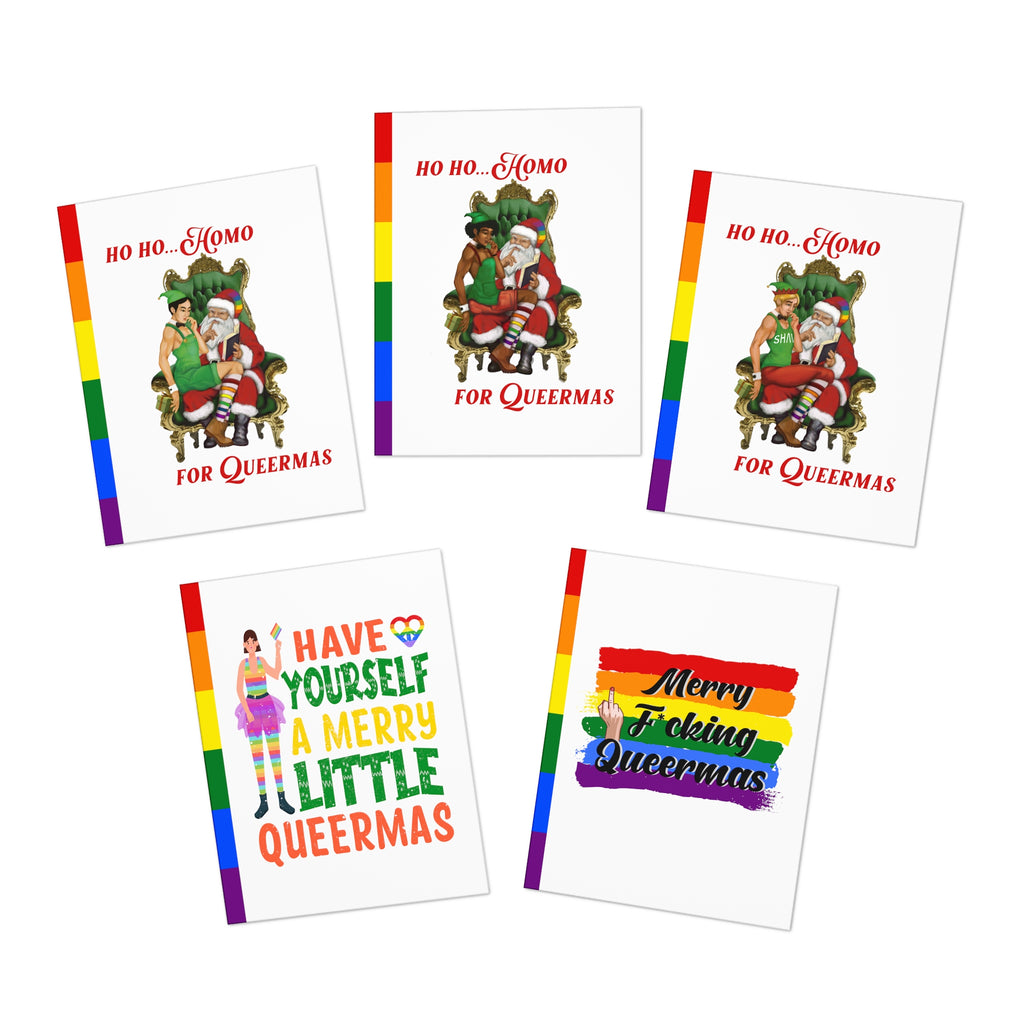 Queermas LGBTQ+IA Multi-Design Greeting Cards (5-Pack), Ho Ho Homo Queermas Printify