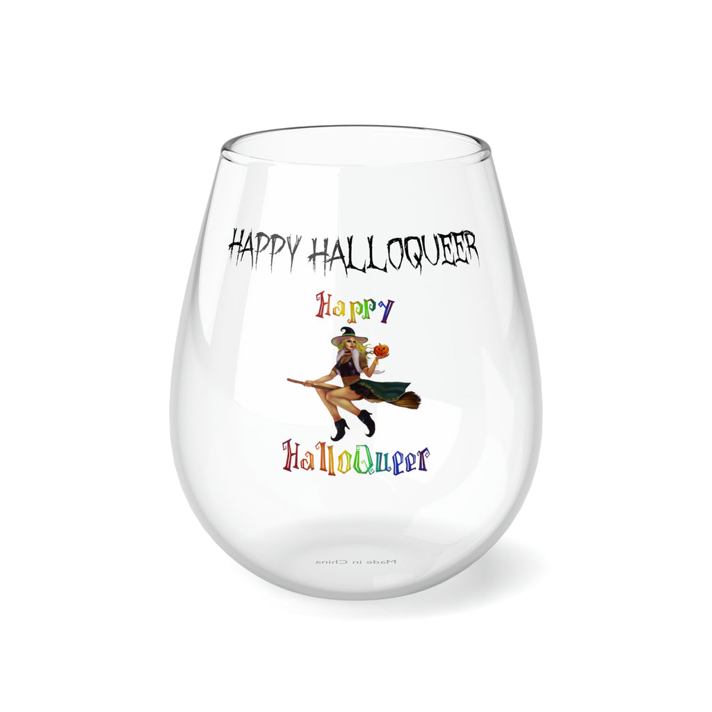 Halloween Stemless Wine Glass, Happy Halloqueer White Witch Printify