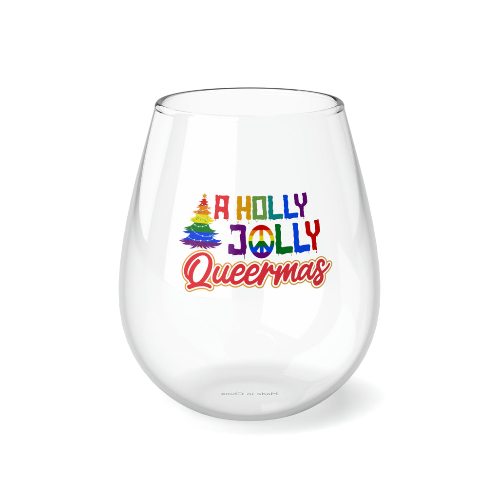 Christmas LGBTQ Stemless Wine Glass, A Holly Jolly Quermas Printify