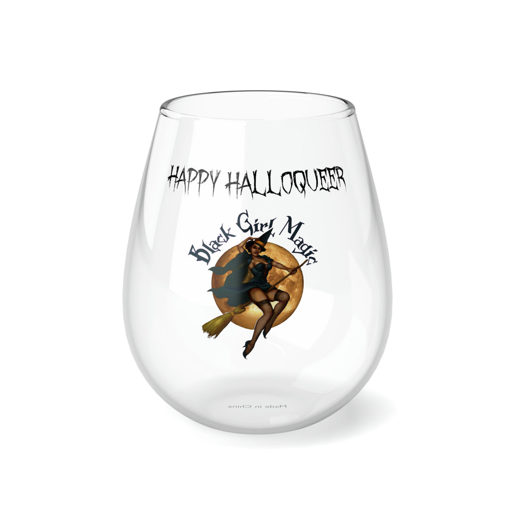 Halloween Stemless Wine Glass, Happy Halloqueer, Black Girl Magic Printify