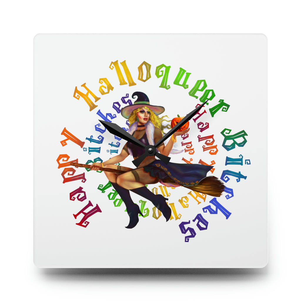 Halloween Acrylic Wall Clock - Happy HallowQueer Bitches(White) Printify