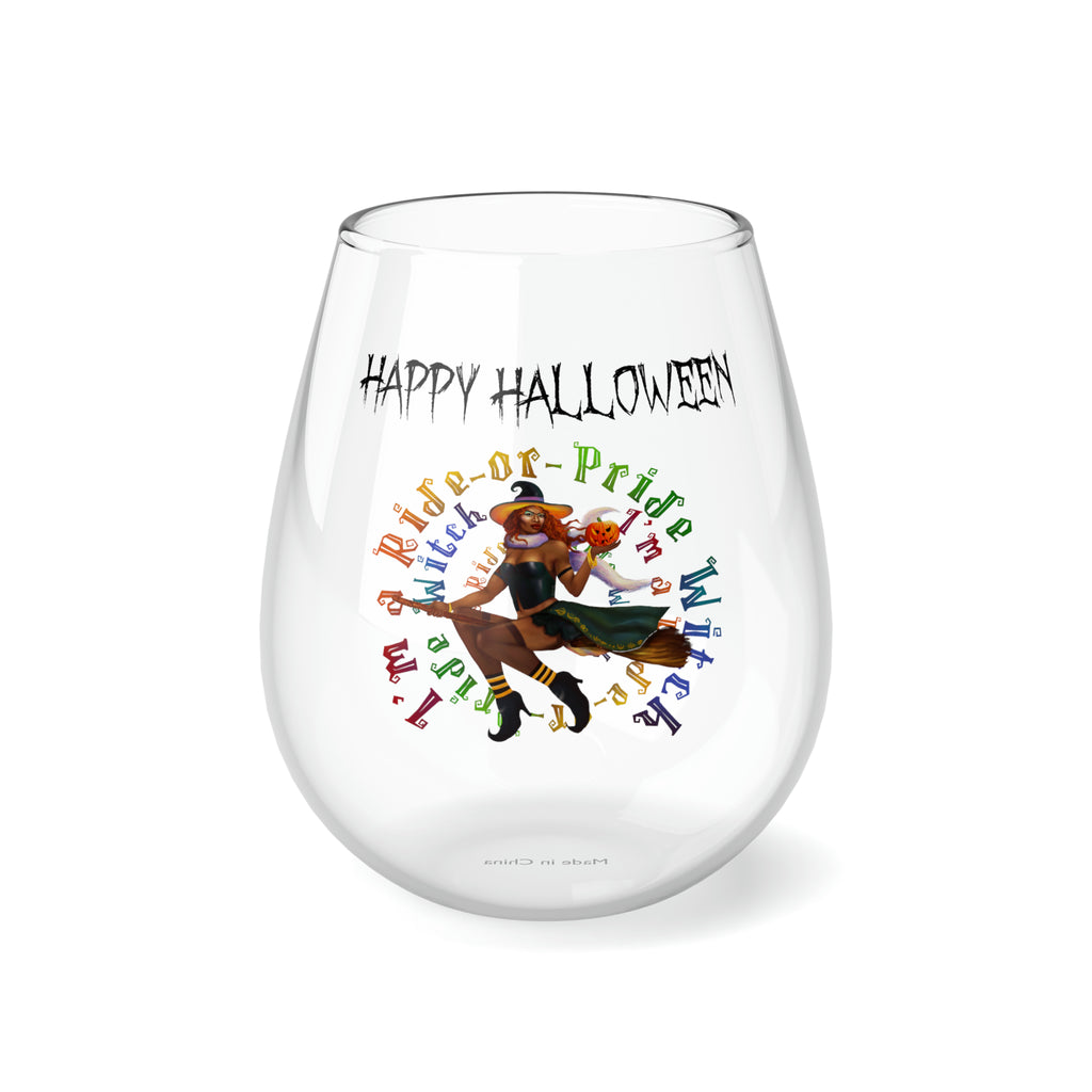 Halloween Stemless Wine Glass, Happy Halloween , I m a ride or pride Black Witch Printify