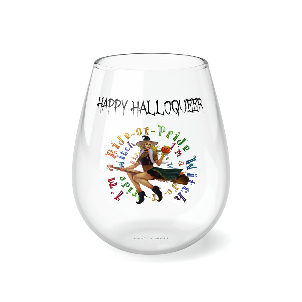 Halloween Stemless Wine Glass, Happy Halloqueer , I m a ride or pride White Witch Printify