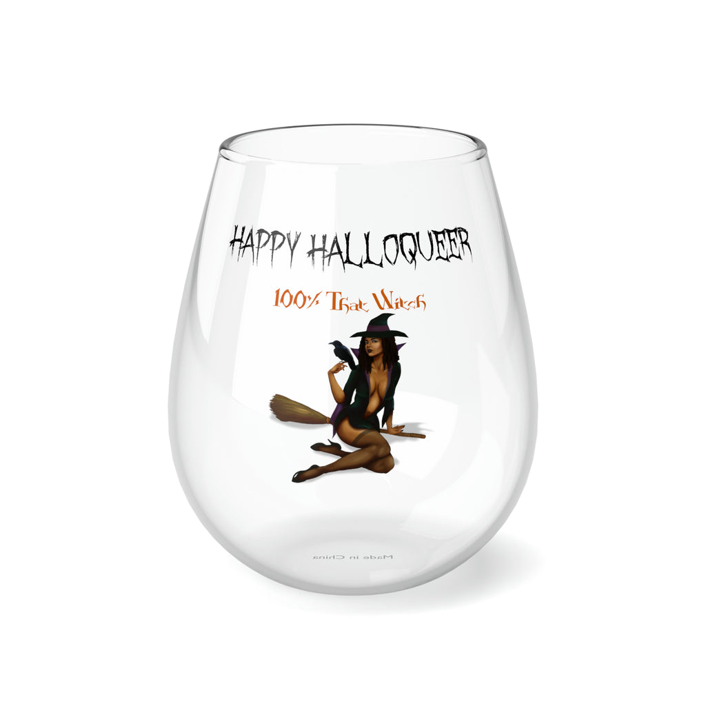 Halloween Stemless Wine Glass, Happy Halloqueer,100_ That Witch Printify