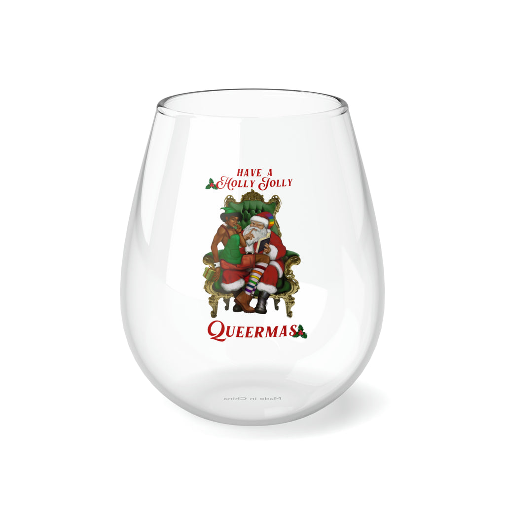 Christmas LGBTQ Stemless Wine Glass, Have a Holly Jolly Queermas (Black) Printify