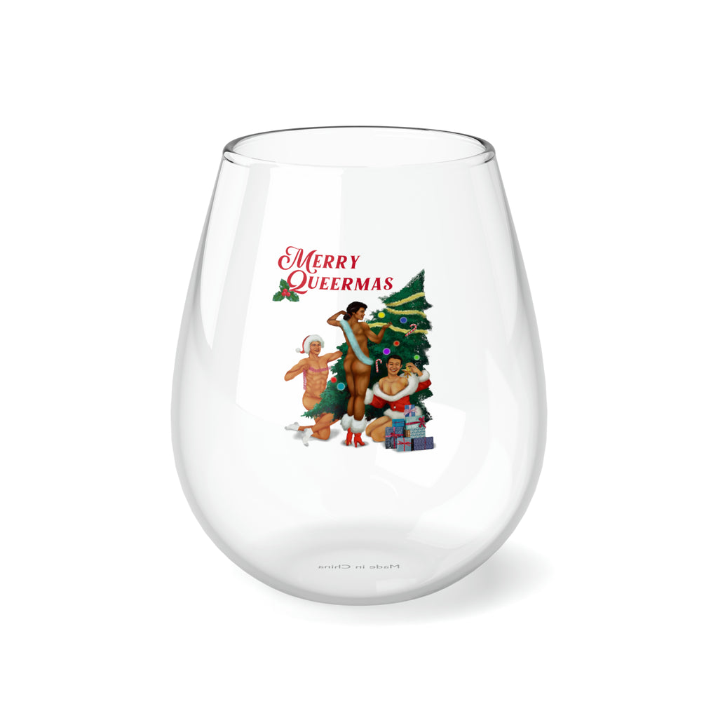 Christmas LGBTQ Stemless Wine Glass, Merry Queermas Printify