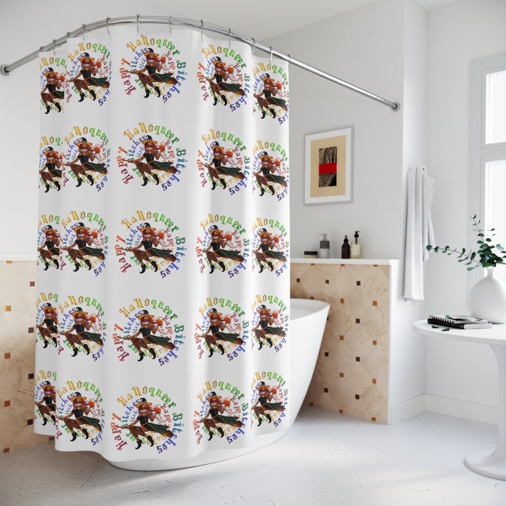 Halloween Polyester Shower Curtain - Happy HallowQueer Bitches (Black) Printify