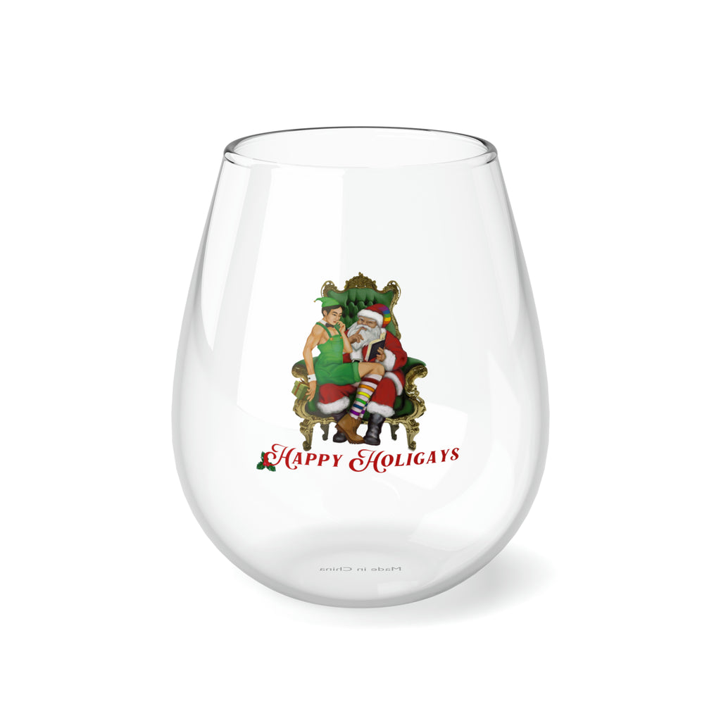 Christmas LGBTQ Stemless Wine Glass, Happy Holigays (Asian) Printify