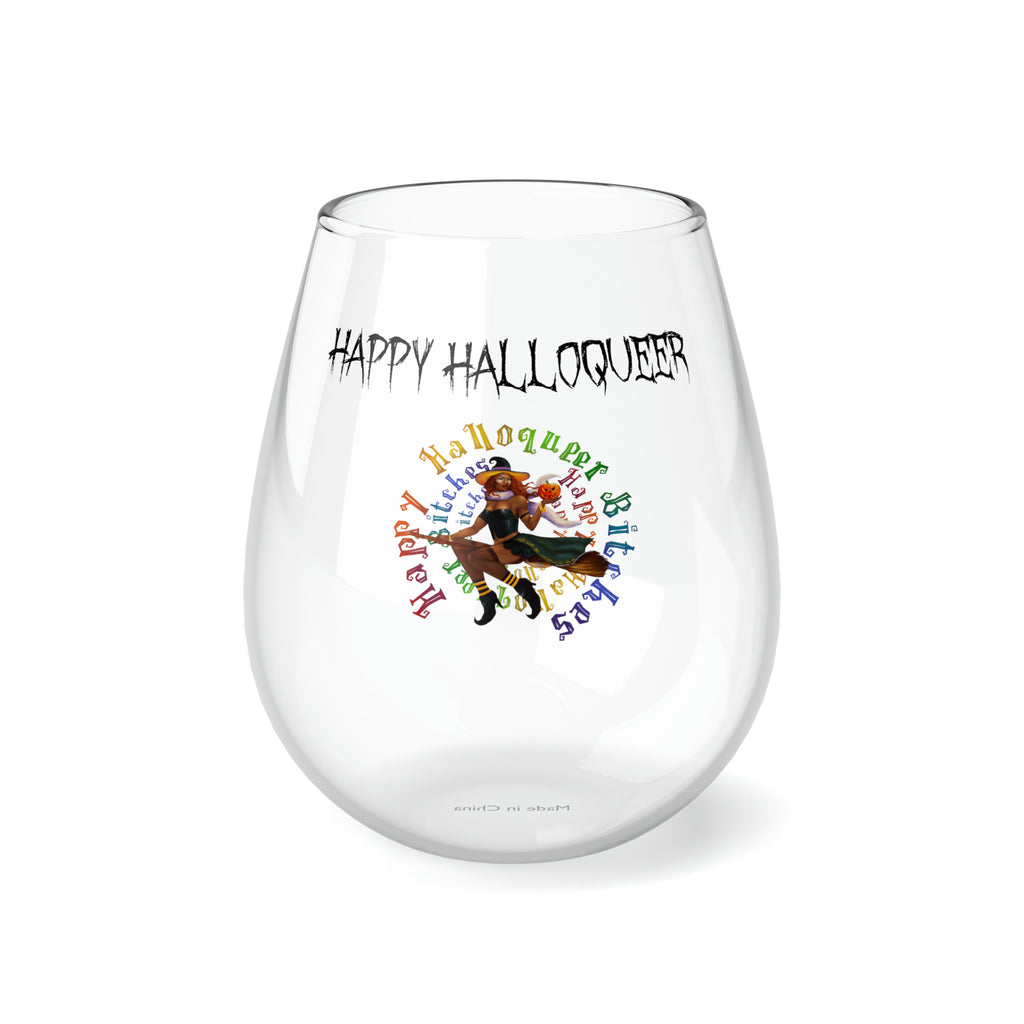 Halloween Stemless Wine Glass, Happy Halloqueer,Happy HalloQueer Black Bitches Printify