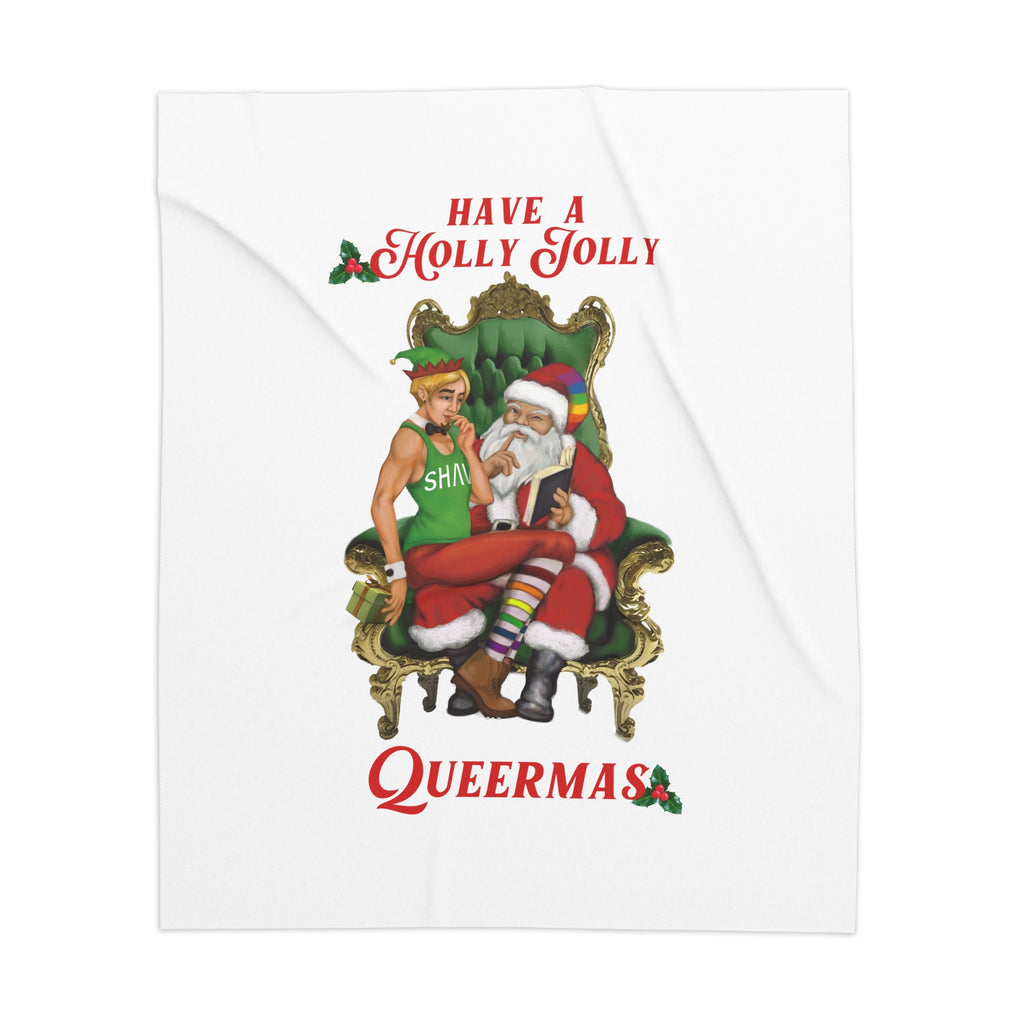 Christmas Lgbtq  Sherpa Blanket, Have a Holly Jolly Queermas (White With Shava) Printify