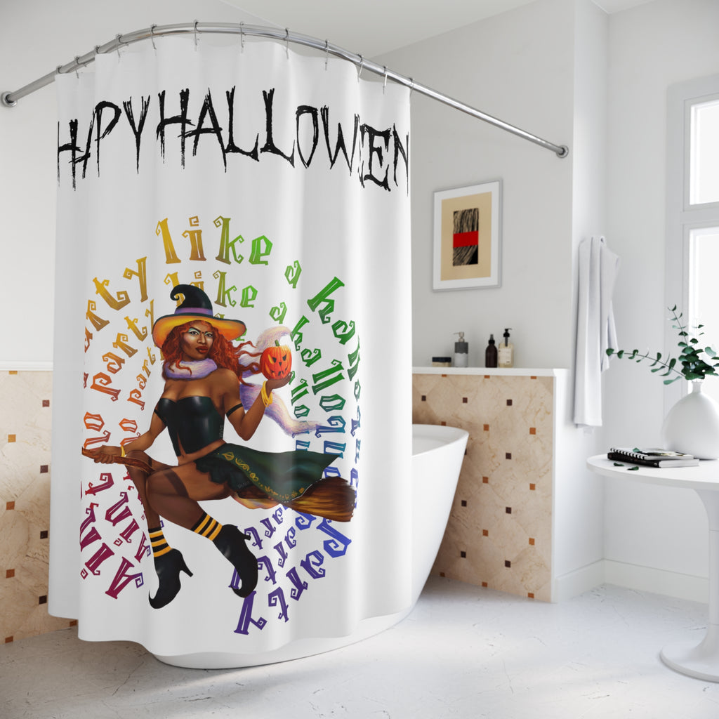 Halloween Polyester Shower Curtain - Happy Halloween   - No Party (Black Bitch) Printify