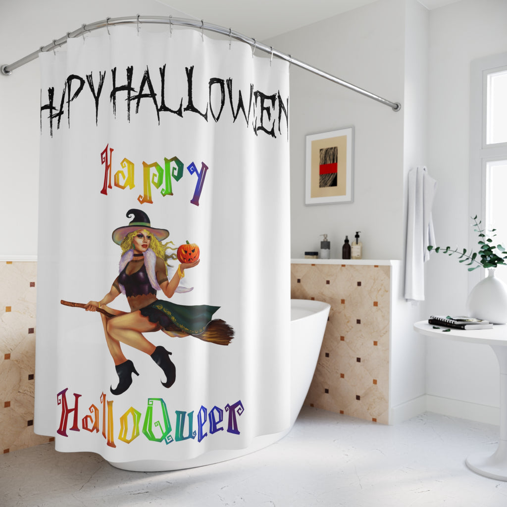 Halloween Polyester Shower Curtain - Happy Halloween  (White Bitch) Printify