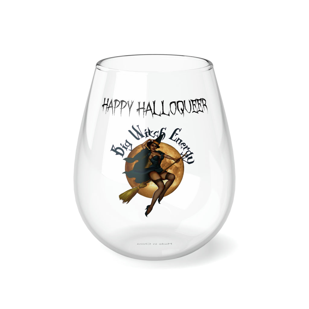 Halloween Stemless Wine Glass, Happy Halloqueer, Big Witch Energy Printify