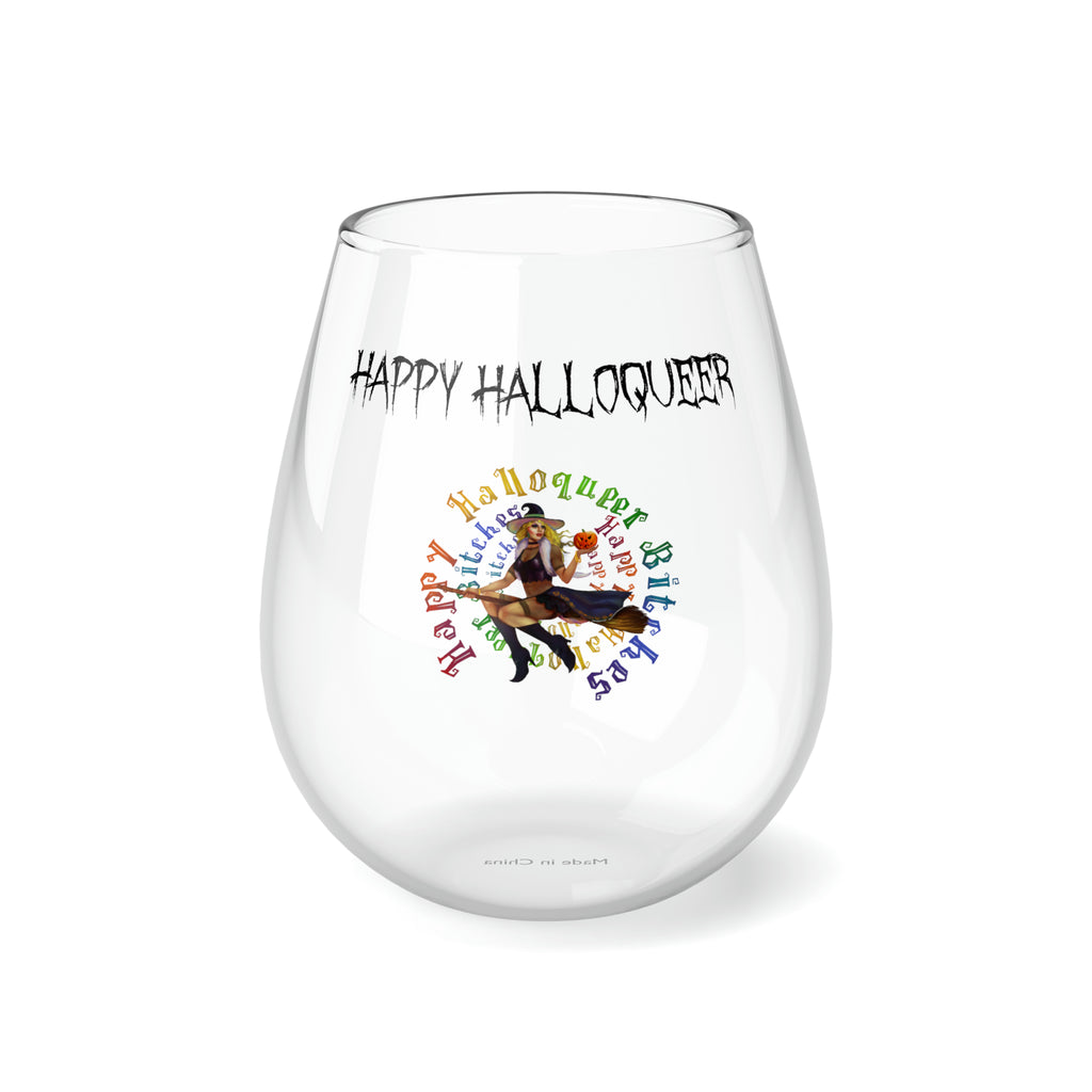 Halloween Stemless Wine Glass, Happy Halloqueer,Happy HalloQueer White Bitches Printify