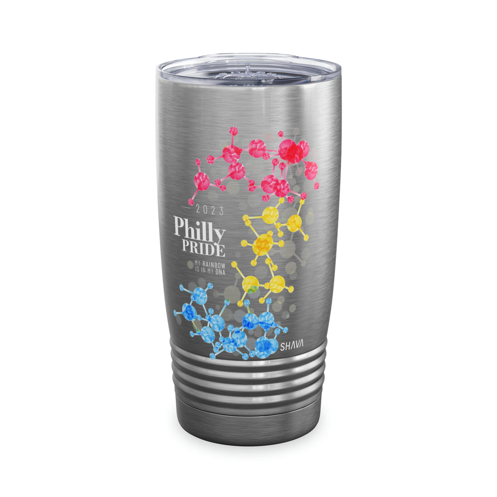 SHAVA CO Pansexual Flag 2023 Pride, Philly Ringneck Tumbler 20oz - My Rainbow Is In My DNA Printify