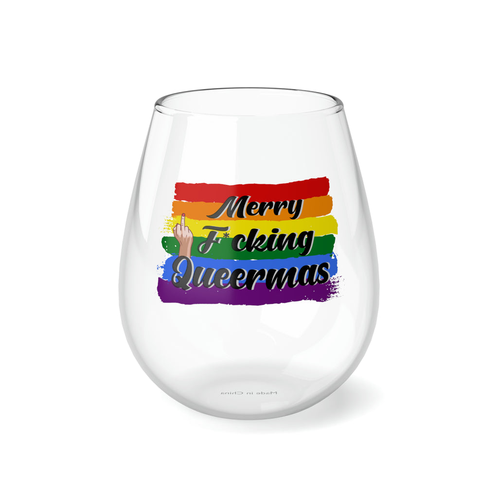 Christmas LGBTQ Stemless Wine Glass, Merry Queermas Printify