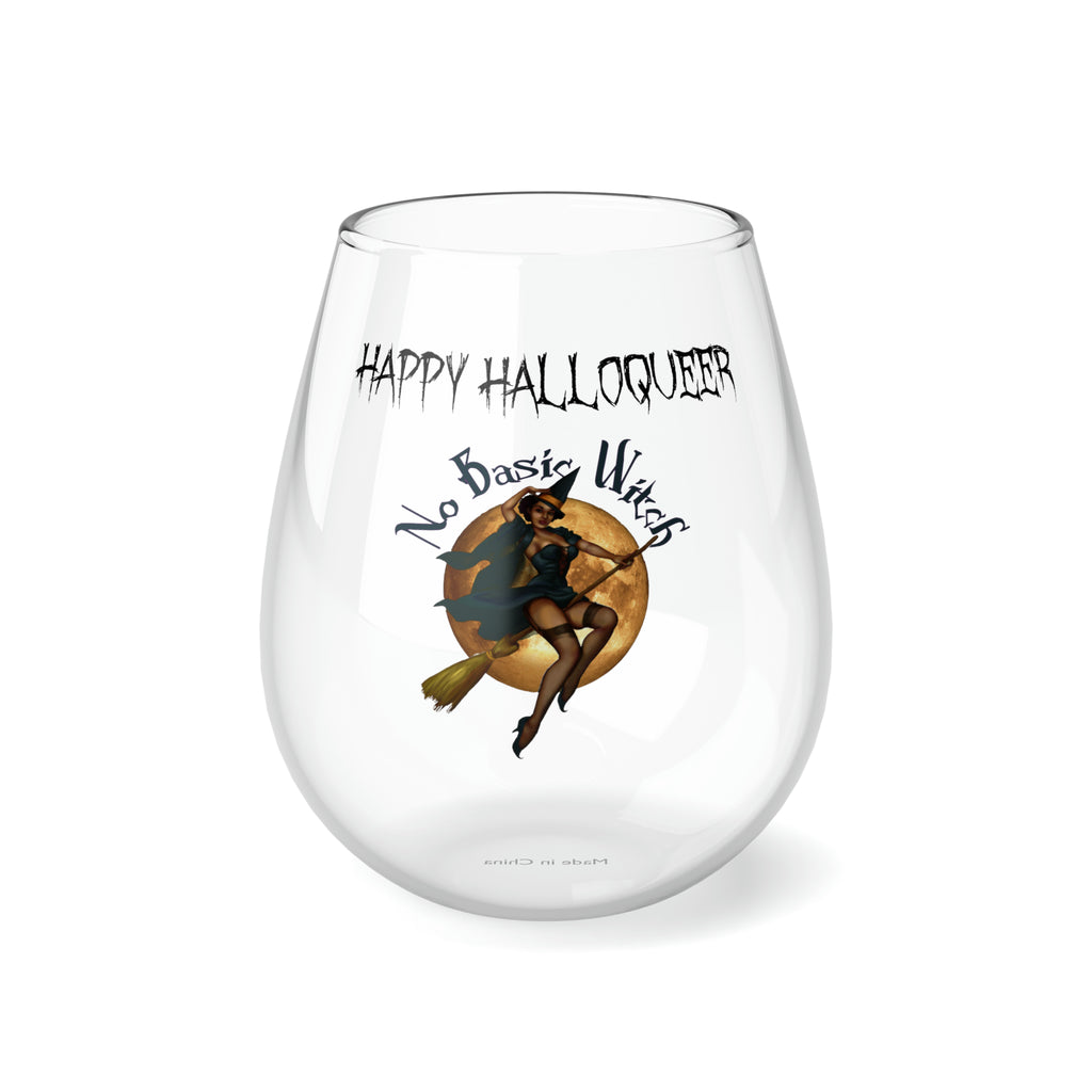 Halloween Stemless Wine Glass, Happy Halloqueer , No Basic Witches Printify