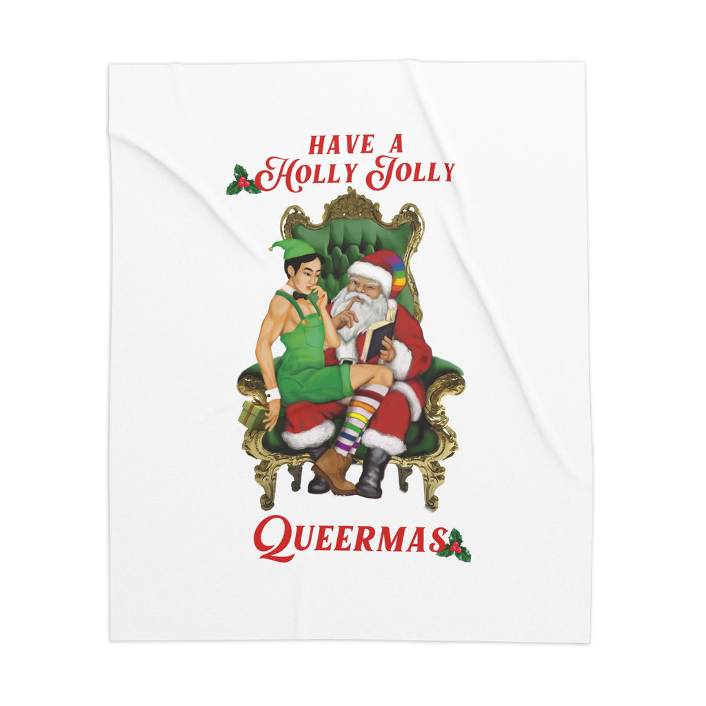 Christmas Lgbtq  Sherpa Blanket, Have a Holly Jolly Queermas (White ) Printify