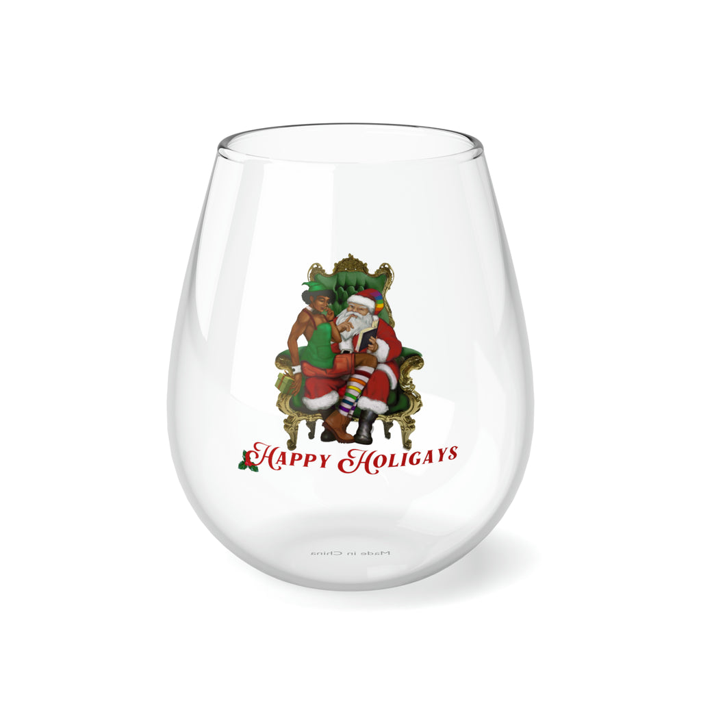 Christmas LGBTQ Stemless Wine Glass, Happy Holigays (Black) Printify